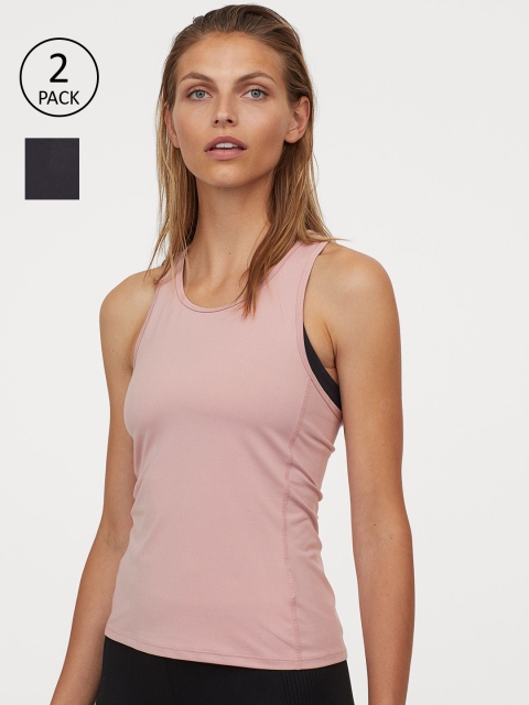 

H&M Women Black & Pink Solid 2-Pack Sports Vest Tops