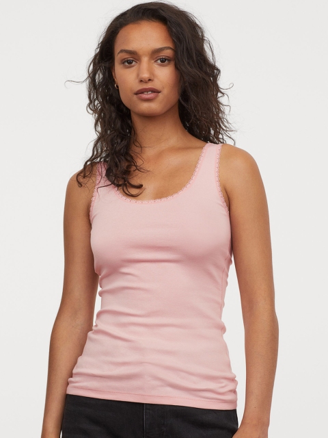 

H&M Women Pink Solid Vest Top With Lace Trims