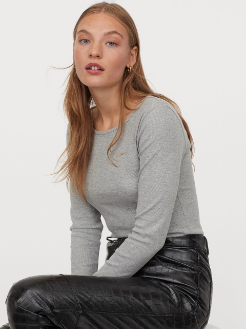 

H&M Women Grey Ribbed Jersey Top