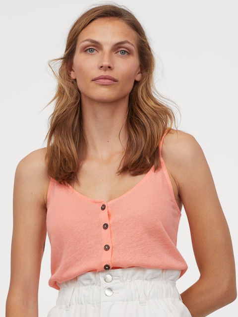 

H&M Women Peach-Coloured Solid Linen-blend Strappy Top