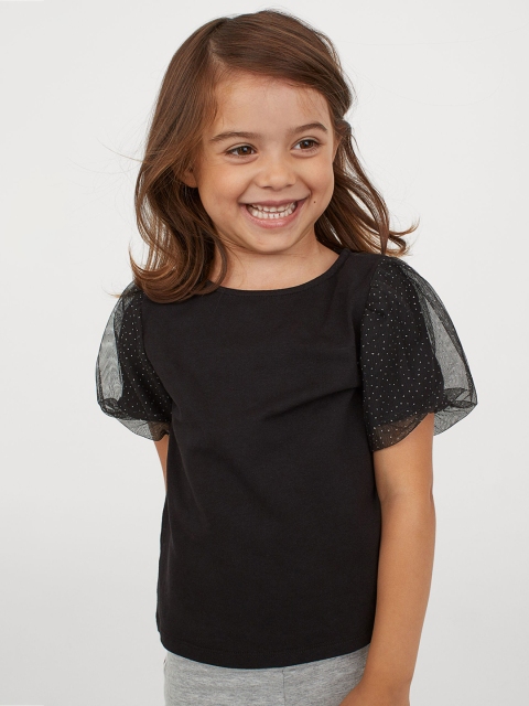 

H&M Girls Black Solid Puff Sleeved Jersey Top