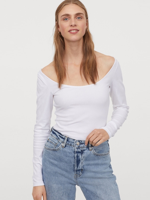 

H&M Women White Solid Ribbed Top