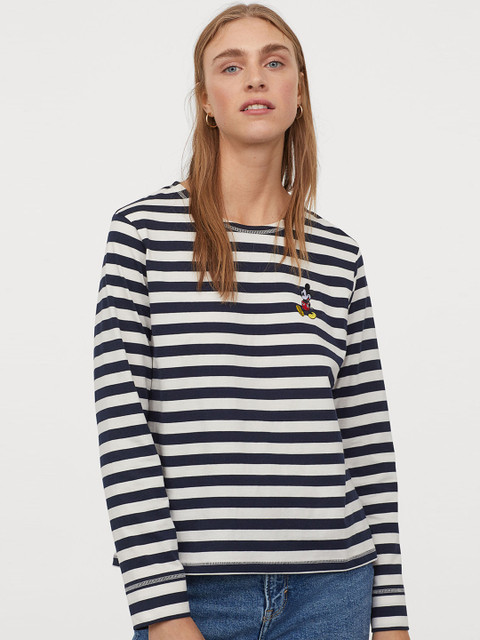 

H&M Women Blue & Cream Embroidery Detail Top