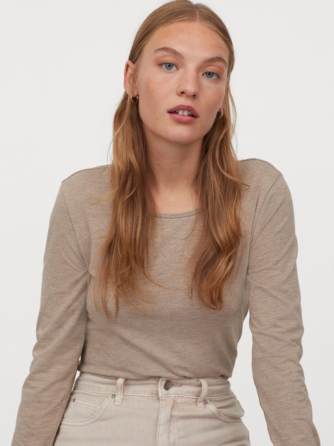 

H&M Women Beige Solid Long-Sleeved Jersey Top