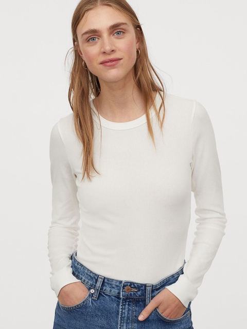 

H&M Women White Solid Ribbed Modal-Blend Top