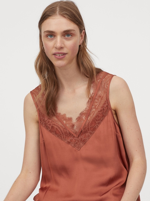 

H&M Women Rust Red Lace-Trimmed Top