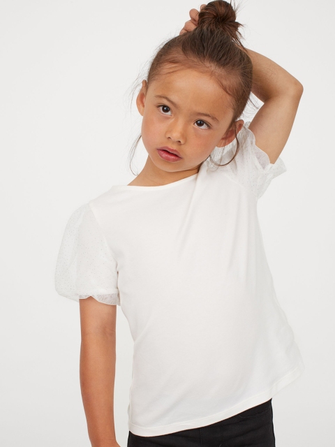 

H&M Girls White Solid Puff-Sleeved Jersey Top