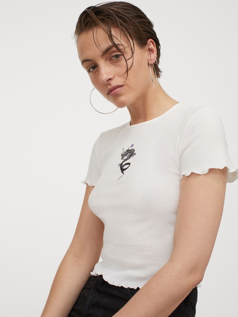 

H&M Women White Cropped Pure Cotton Top