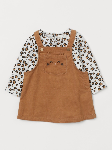 

H&M Girls Brown & White 2-Piece Solid Pinafore Dress Set