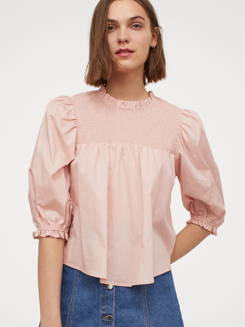 

H&M Women Pink Solid Smocked Cotton Blouse