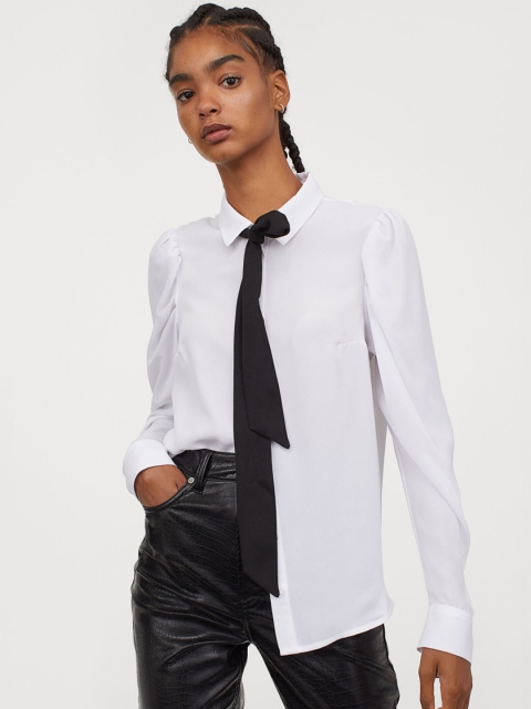 

H&M Women White Solid Tie-front Blouse