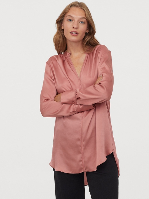 

H&M Women Salmon Pink Solid Long Satin Blouse