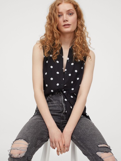 

H&M Women Black & White Polka Dot Printed Sleeveless Blouse