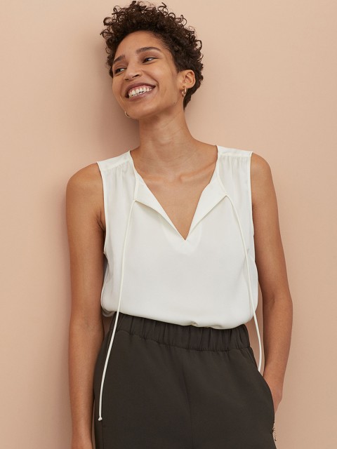 

H&M Women White Solid Tie-Front Satin Blouse
