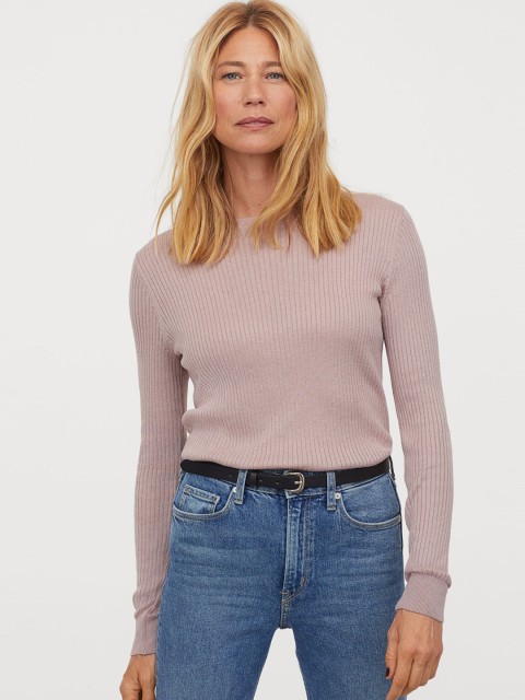 

H&M Women Pink Solid Rib-Knit Jumper