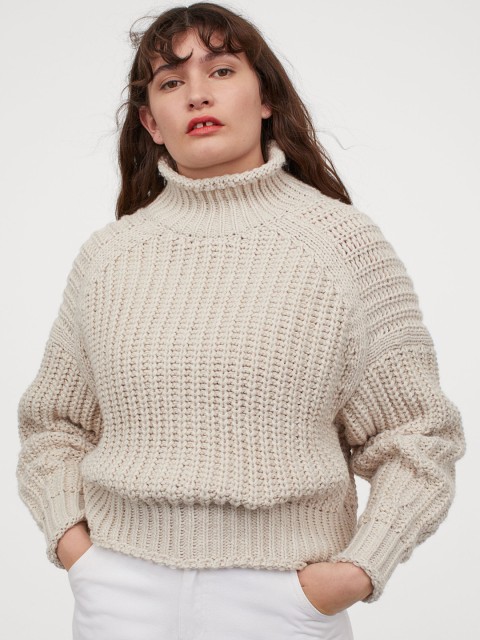 

H&M Women Beige Solid Ribbed Polo-Neck Jumper
