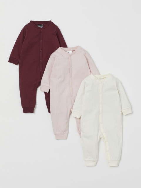 

H&M Infants 3-Pack Cotton Rompers, White