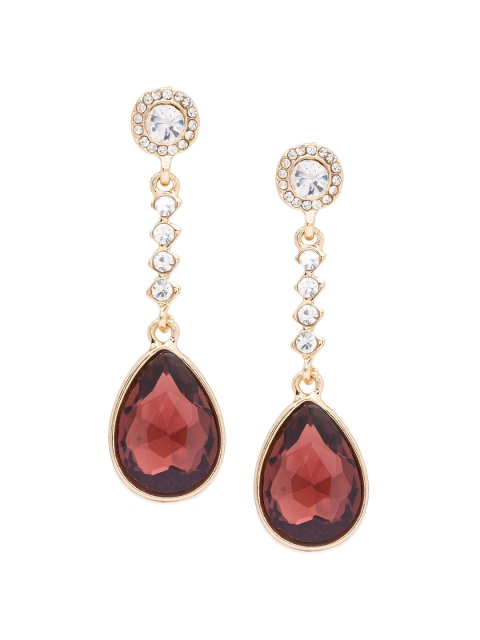 

Globus Gold-Plated & Maroon Teardrop Shaped Drop Earrings