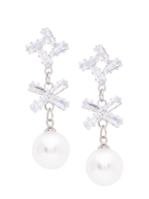 

Globus Silver-Plated & White CZ Studded Classic Drop Earrings