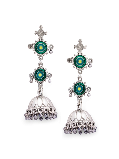 

Globus Silver-Plated & Green Dome Shaped Drop Earrings