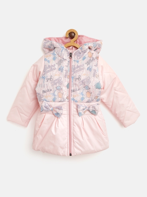 

White Snow Girls Pink & Blue Quirky Print Hooded Padded Jacket with Bow Detail