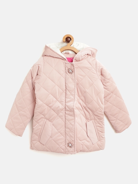 

White Snow Girls Peach-Coloured Solid Hooded Quilted Jacket