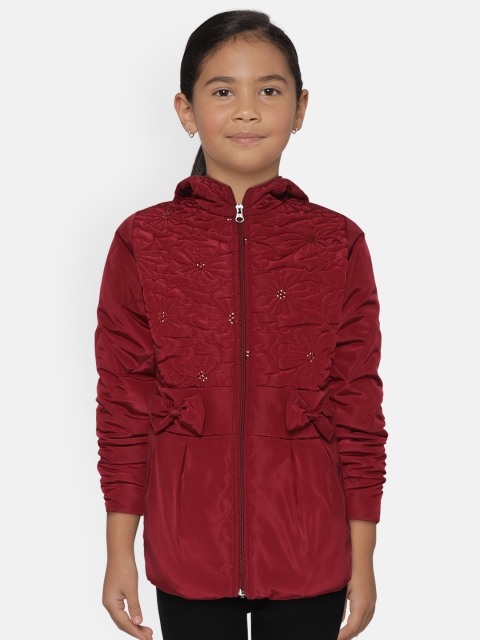 

White Snow Girls Maroon Embroidered Hooded Padded Jacket with Bow & Sequinned Detail