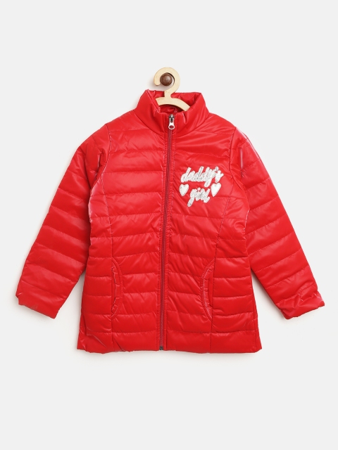 

White Snow Girls Red Solid Puffer Jacket with Applique Detail