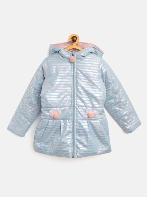 

White Snow Girls Blue Iridescent Effect Striped Hooded Padded Jacket