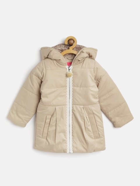 

White Snow Girls Beige Solid Hooded Padded Jacket with Lace Inserts