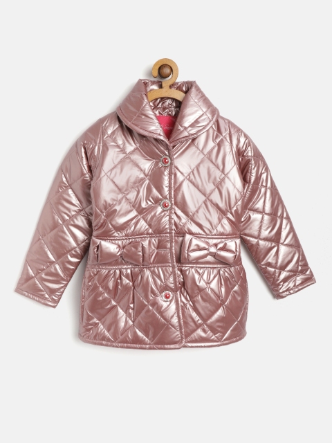 

White Snow Girls Pink Solid Quilted Jacket with Bow Detail
