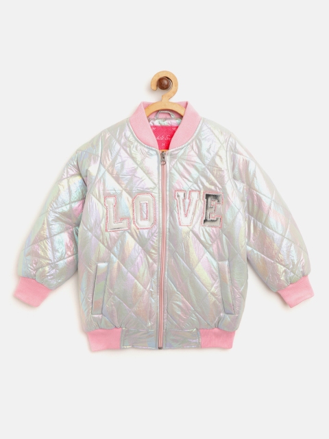 

White Snow Girls Silver-Toned Iridescent Effect Bomber Jacket with Applique Detail