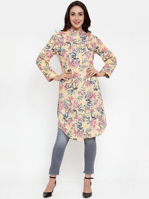 

Baani Creations Women Cream-Coloured & Pink Printed Straight Kurta