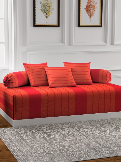 

KLOTTHE Red & Orange Striped Bedsheet With Bolster & Cushion Covers