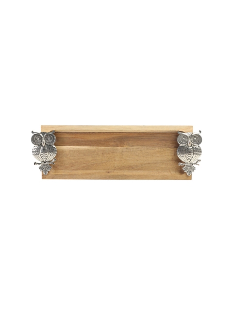 

Chumbak Brown & Silver-Toned Ornate Owls Wood Tray