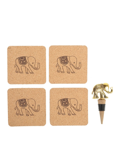 

Chumbak Brown Jolly Elephant Printed 4 Pcs Coasters & Wine Stopper Set