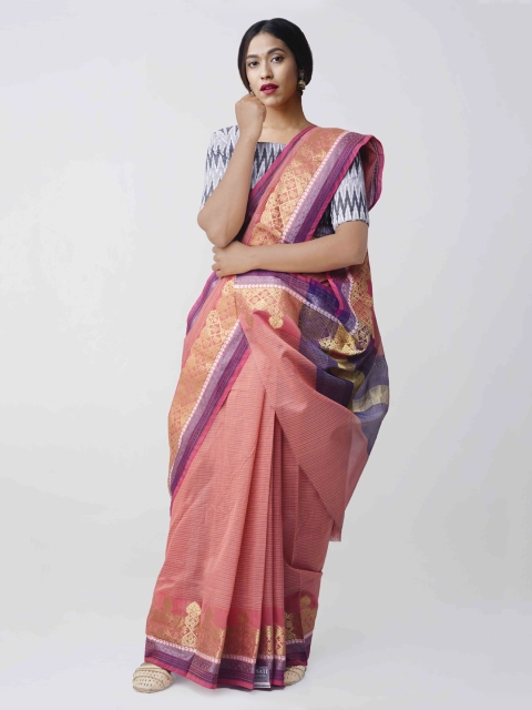 

Unnati Silks Peach-Coloured & Purple Silk Cotton Striped Chettinad Saree
