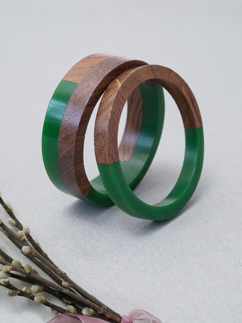 

Golden Peacock Set of 2 Green & Brown Wooden Bangles