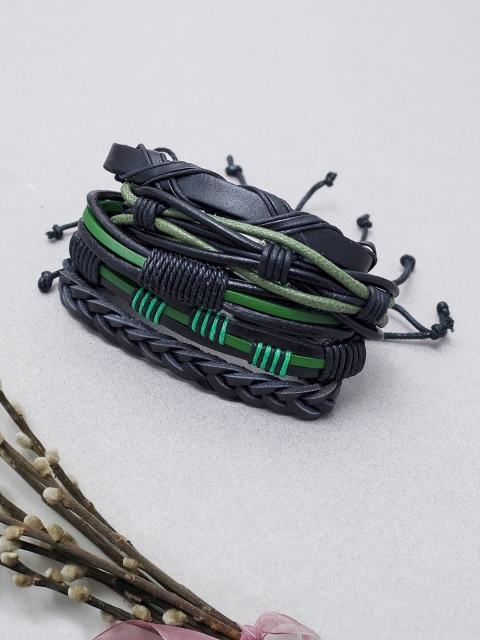 

Golden Peacock Set of 5 Black & Green Leather Multi Strand Bracelets