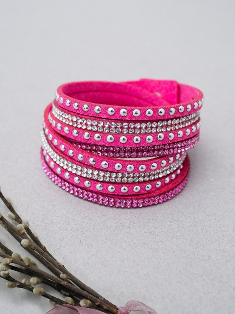 

Golden Peacock Pink & Silver Fabric Wraparound Bracelet