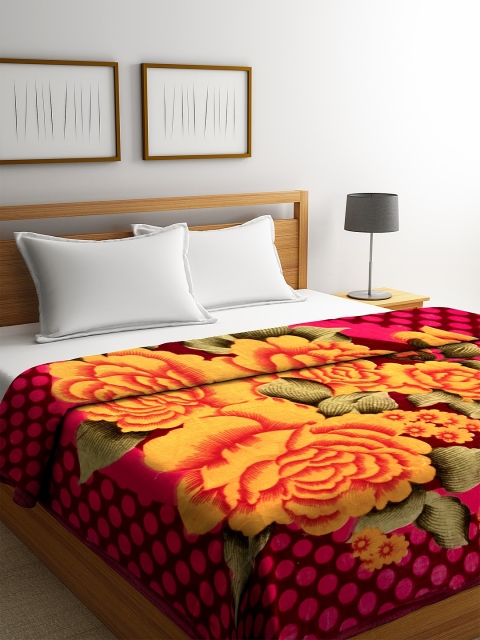 

NEUDIS Red & Orange Floral Mild Winter 500 GSM Double Bed Blanket