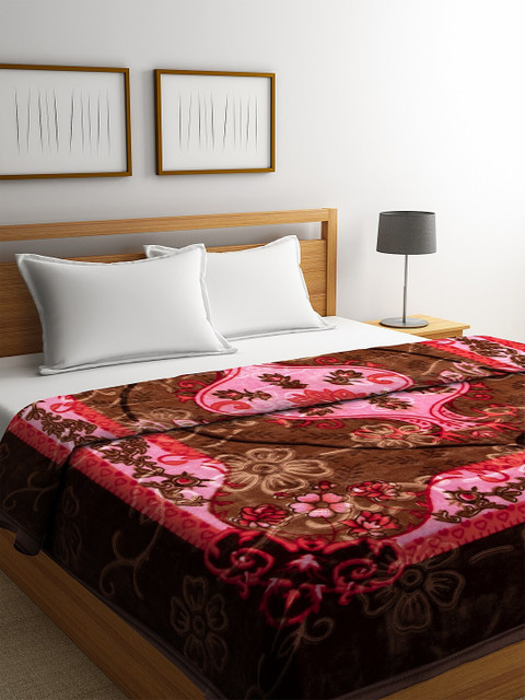 

NEUDIS Brown & Pink Floral Mild Winter 500 GSM Double Bed Blanket