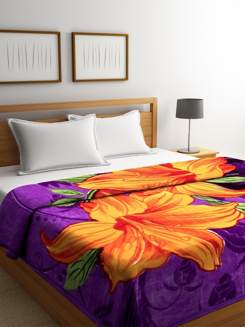 

NEUDIS Purple & Orange Floral Mild Winter 500 GSM Double Bed Blanket