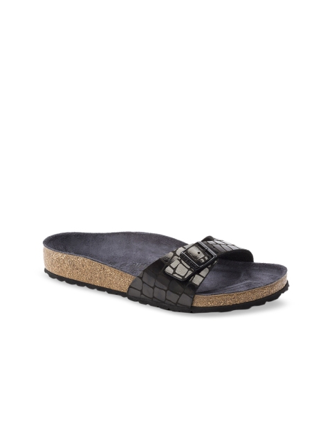 

Birkenstock Women Black Animal Skin Textured Madrid Narrow Width Flats