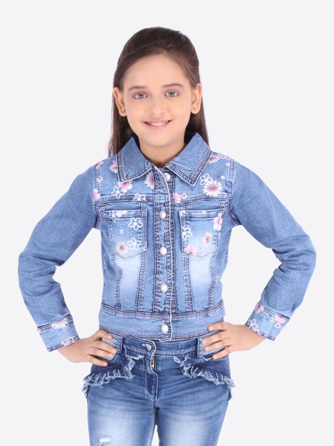 

CUTECUMBER Girls Blue Printed Denim Jacket