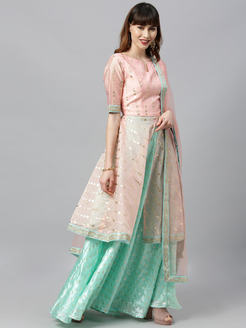 

Bollywood Vogue Pink & Green Foil Printed Made to Measure Lehenga & Blouse with Dupatta