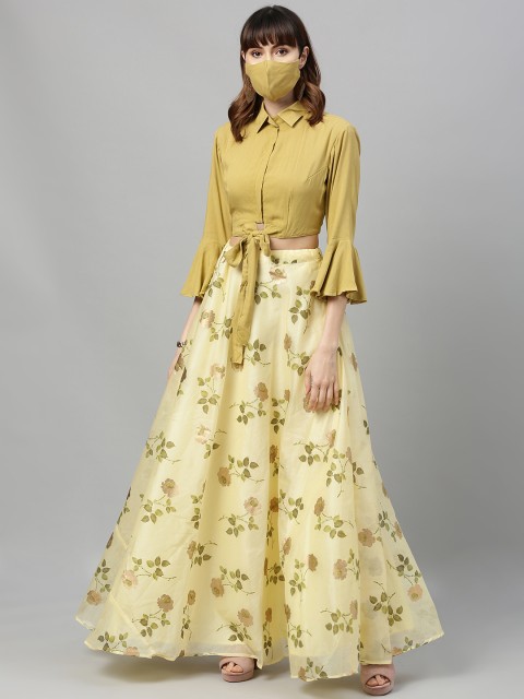 

Bollywood Vogue Beige and Yellow Printed Made to Measure Lehenga with Blouse