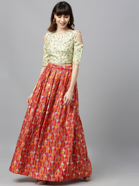 

EthnoVogue Green Embroidered Cold Shoulder Sleeve Made to Measure Lehenga with Blouse