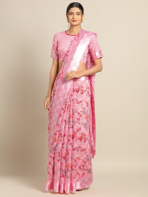 

Kvsfab Pink Floral Printed Linen Blend Saree