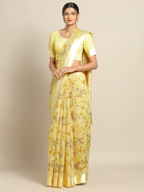 

Kvsfab Yellow & Brown Linen Blend Printed Saree